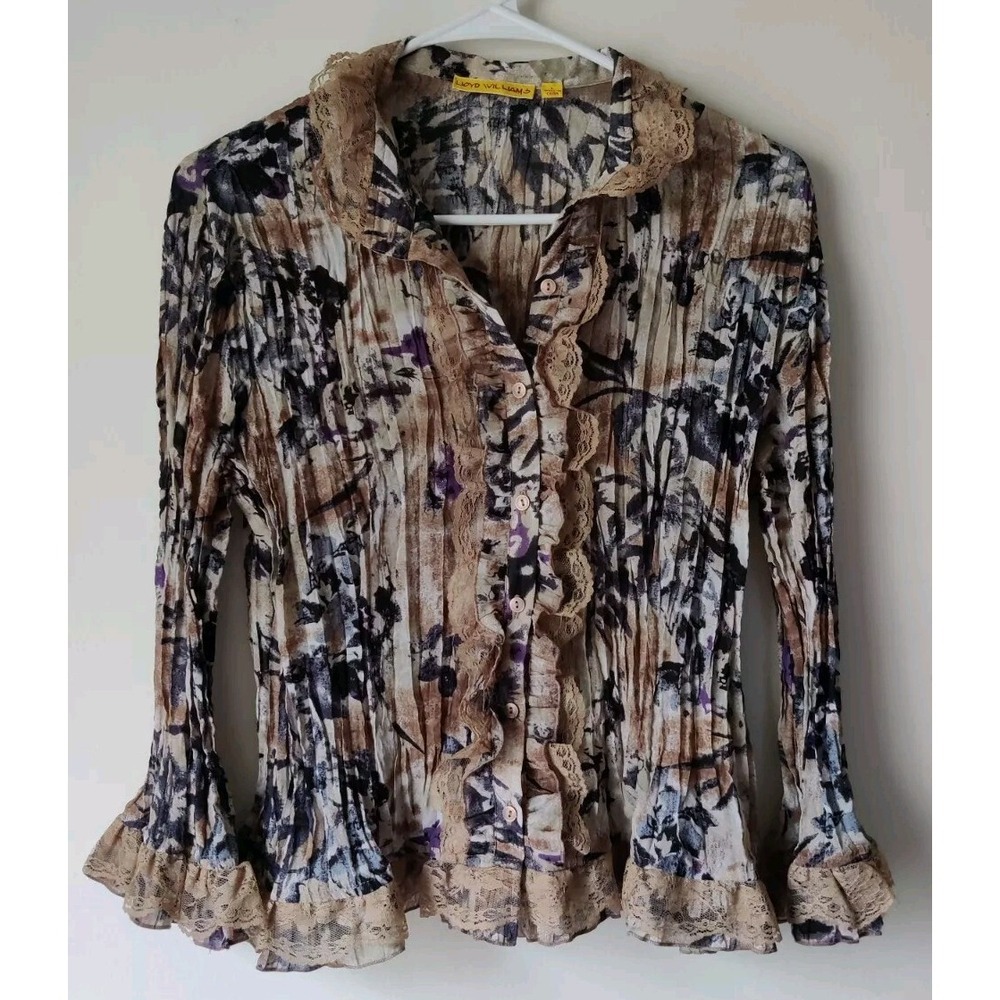 Lloyd Williams Vintage Brown/Floral  Button Down Long Sleeve Lace Accents‎ Large